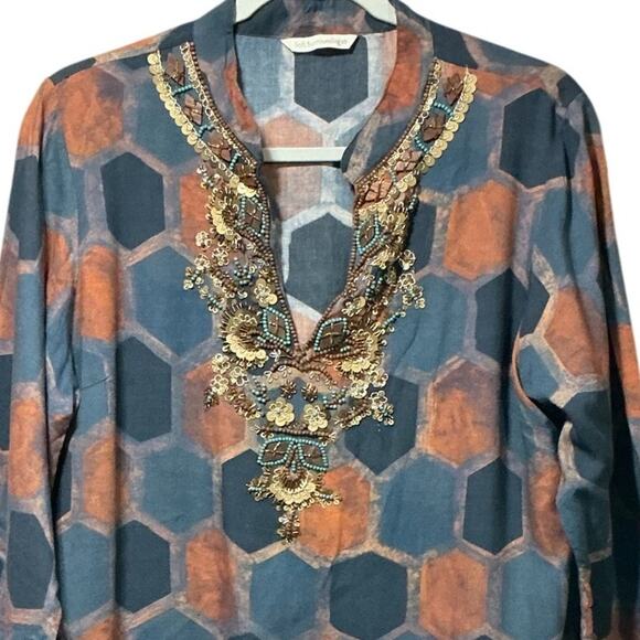 Soft Surroundings Beaded Embellished Tunic Top Blouse Blue Rust Honeycomb Print - Picture 7 of 8